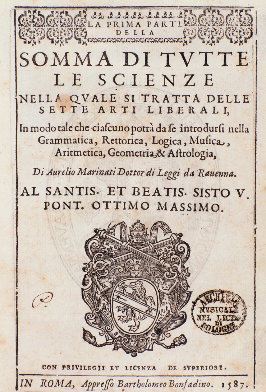 Frontispicio tomado de Somma di tutte le scienze, ensayo sobre las artes liberales, por Aurelio Marinati de Italian School