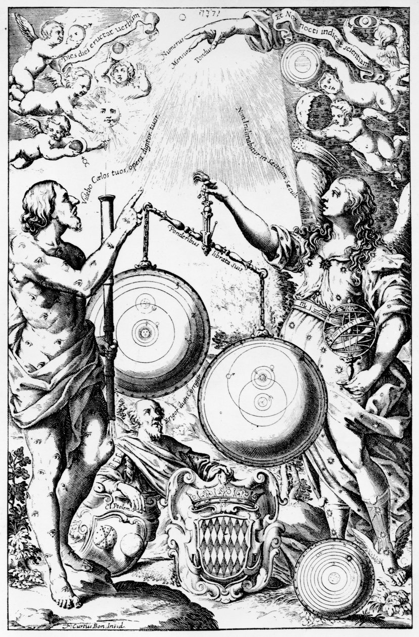 Frontispicio de Almagestum Novum por Giovanni Battista Riccioli, publicado en 1651 de Italian School