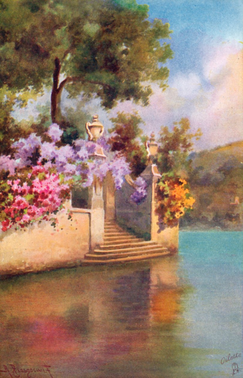 Jardines junto al lago de Como, Italia (litografía en color) de Italian School