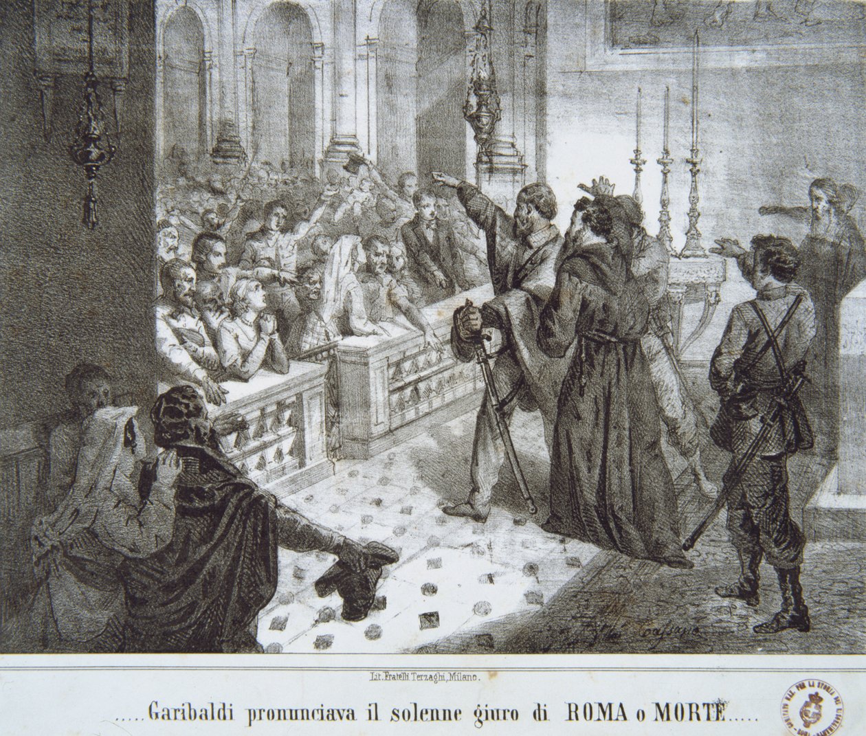 Garibaldi pronunciando la famosa frase, Roma o Muerte de Italian School