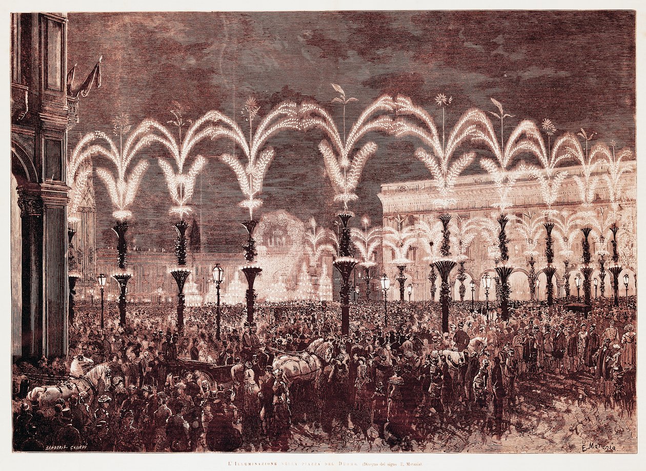 Iluminación de gas en la Plaza de la Catedral en Milán de Italian School