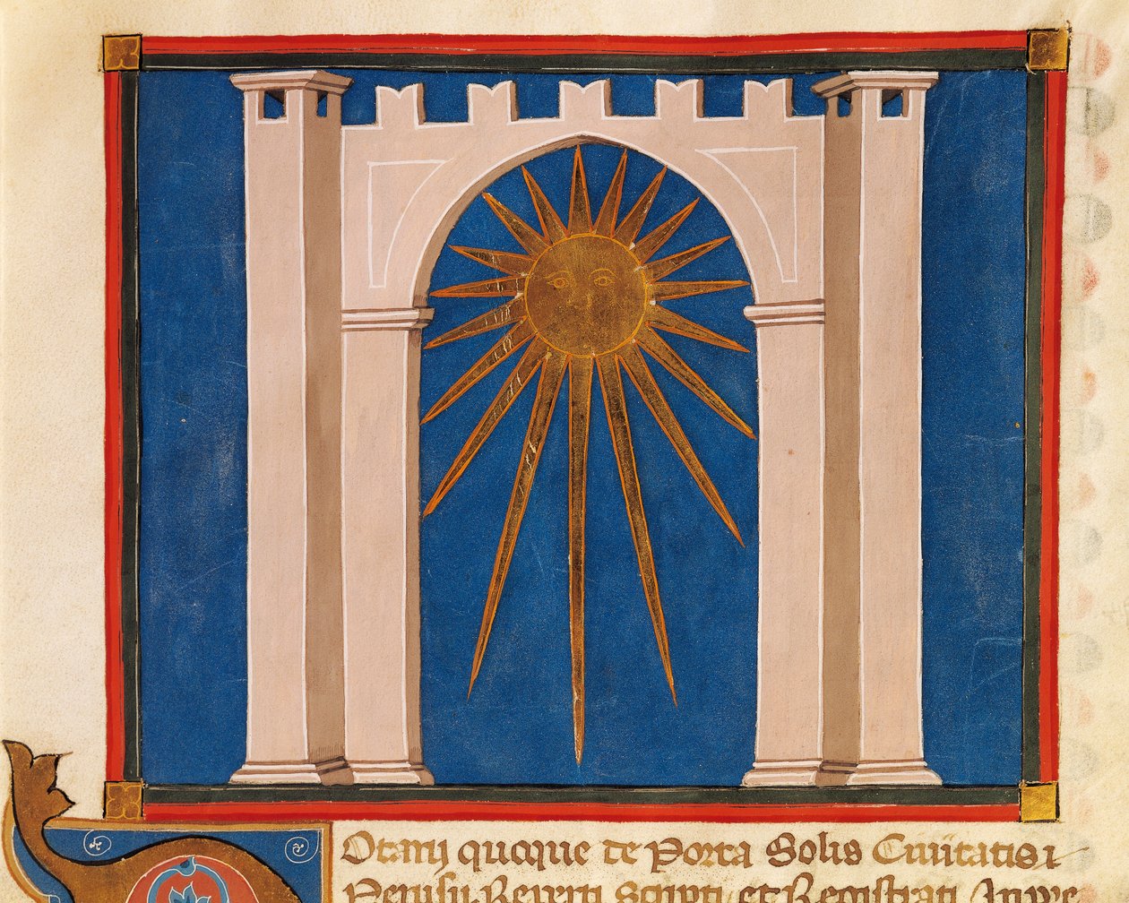 Puerta del Sol, miniatura del Registro de Notarios de Perugia, manuscrito, Italia, siglo XIV de Italian School