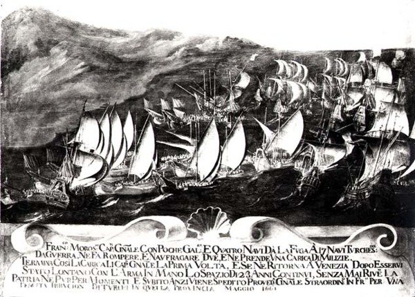 General Francisco Morosini (1618-94) y la Flota Veneciana en un Encuentro con la Flota Turca frente a la Costa de Creta, mayo de 1661 de Italian School