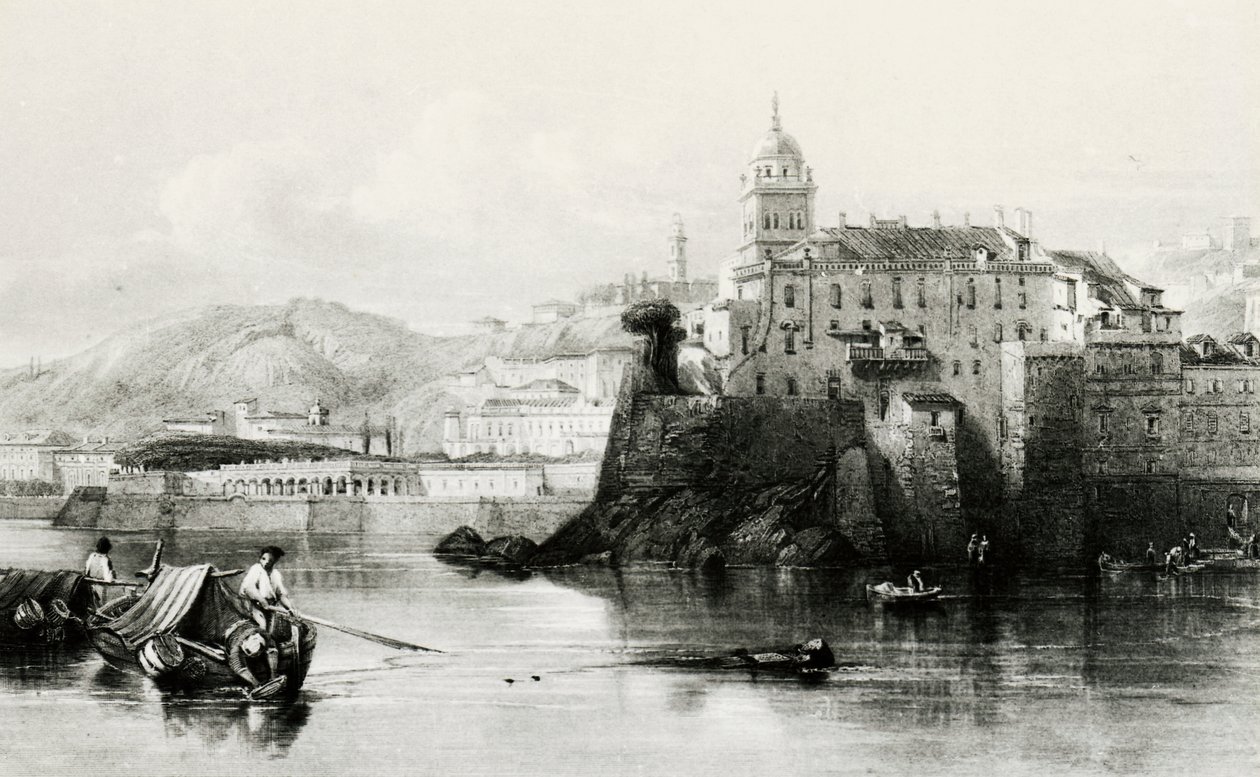 Muro del puerto de Génova con Villa Doria Pamphili al fondo, grabado, ca 1850, Italia de Italian School
