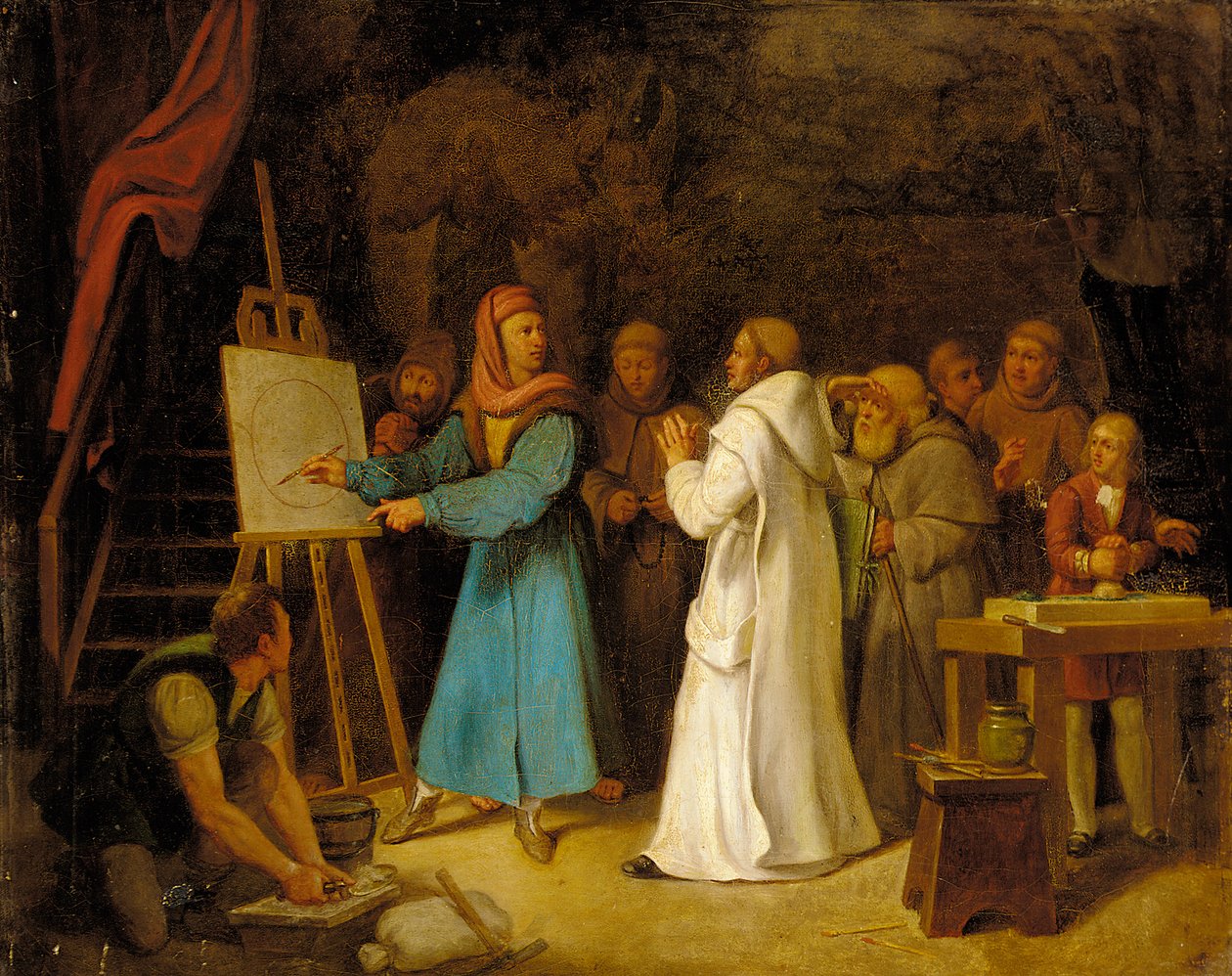 Giotto demostrando el arte del dibujo en su estudio de Italian School