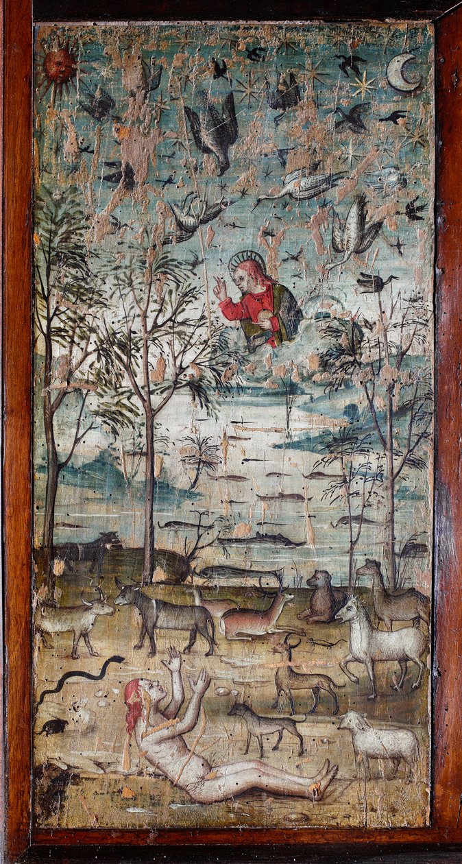 Dios crea a Adán, animal, tierra, cielo y agua (pintura en madera) de Italian School
