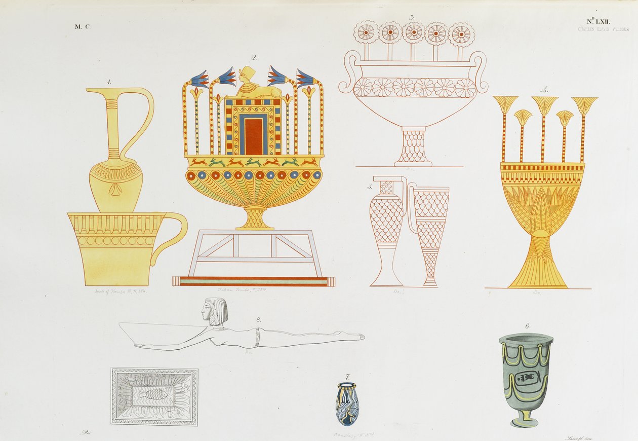 Vasijas de oro y frascos de vidrio de la tumba tebana de Italian School
