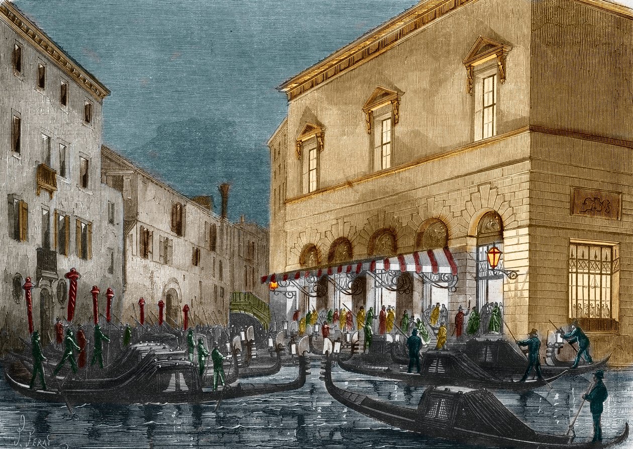 Gondoleros esperando a los espectadores fuera del Teatro La Fenice, Venecia, Italia, de Le Monde Illustré n°564, 1868 de Italian School