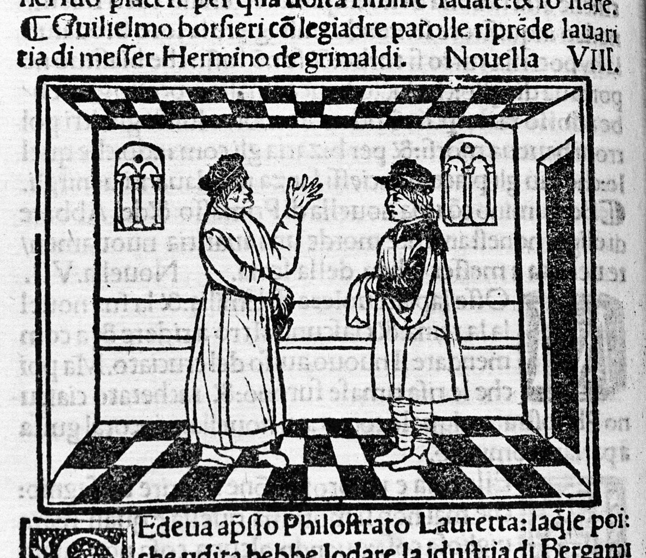 Grimaldi el tacaño Erminio enfrenta a Guglielmo Borsiere, quien intenta sacarle dinero con palabras finas. Ilustración para la novela 61 (Novela 8 del primer día) del “Decamerón” de Giovanni Boccaccio (1313-1375), escritor italiano. Grabado de Italian School