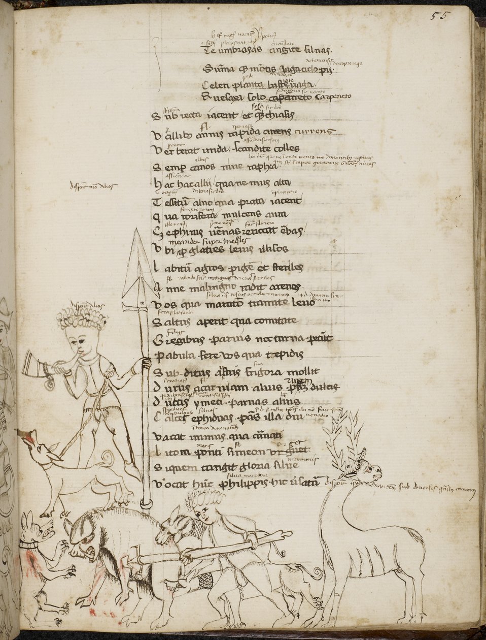 Harley 2453, f.55 Una escena de caza con un jabalí, un ciervo, cazadores, perros y una liebre, de las "Tragodiae", de Lucio Anneo Séneca de Italian School