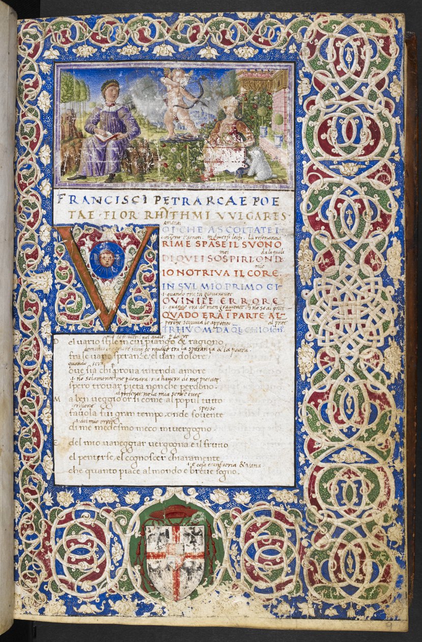 Harley 3567, f.9 Miniatura de Petrarca y Laura, con Amor apuntando su flecha a Laura, de 
