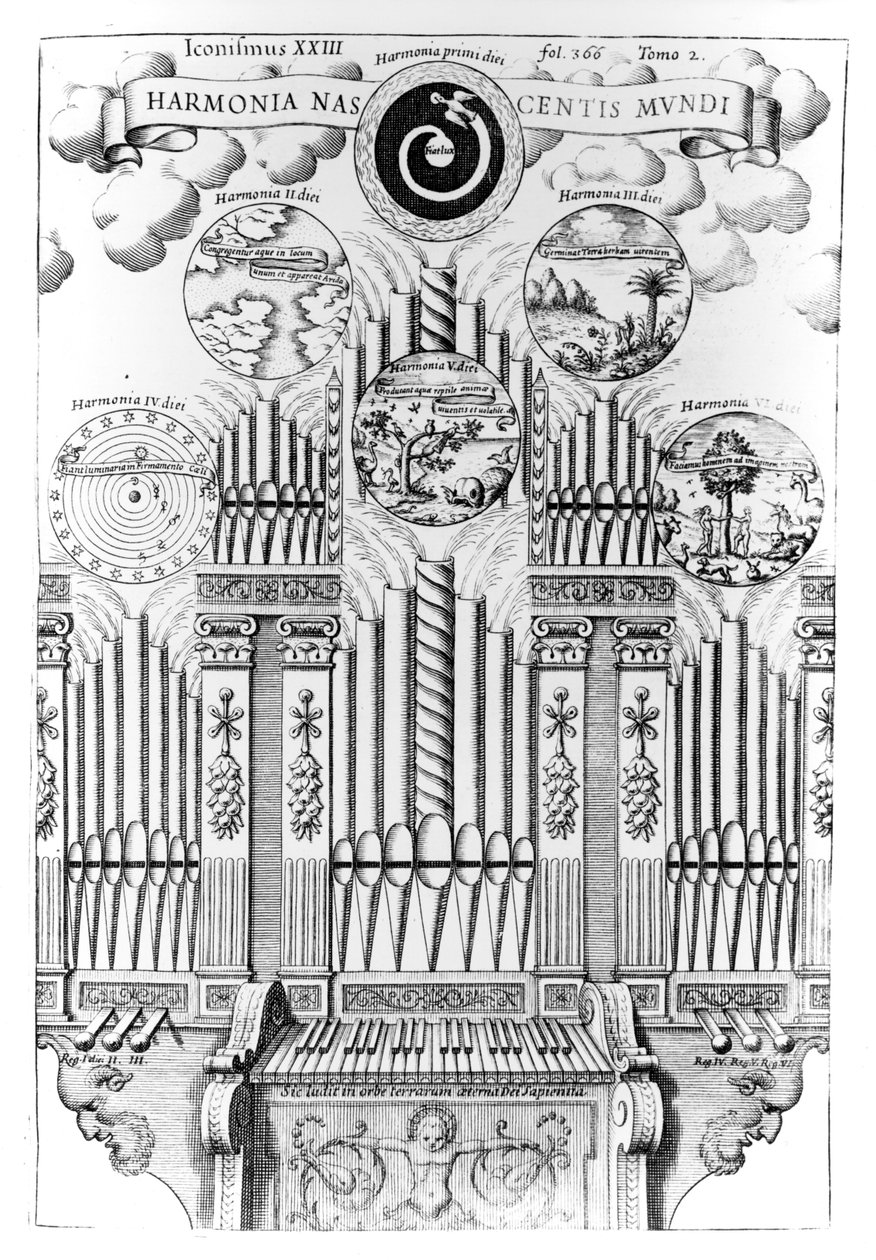 Armonía del nacimiento del mundo (Harmonia Nascentis Mundi), ilustración de Musurgia Universalis, Vol.2, fol.366, por Athanasius Kircher, publicada en Roma, 1650 de Italian School