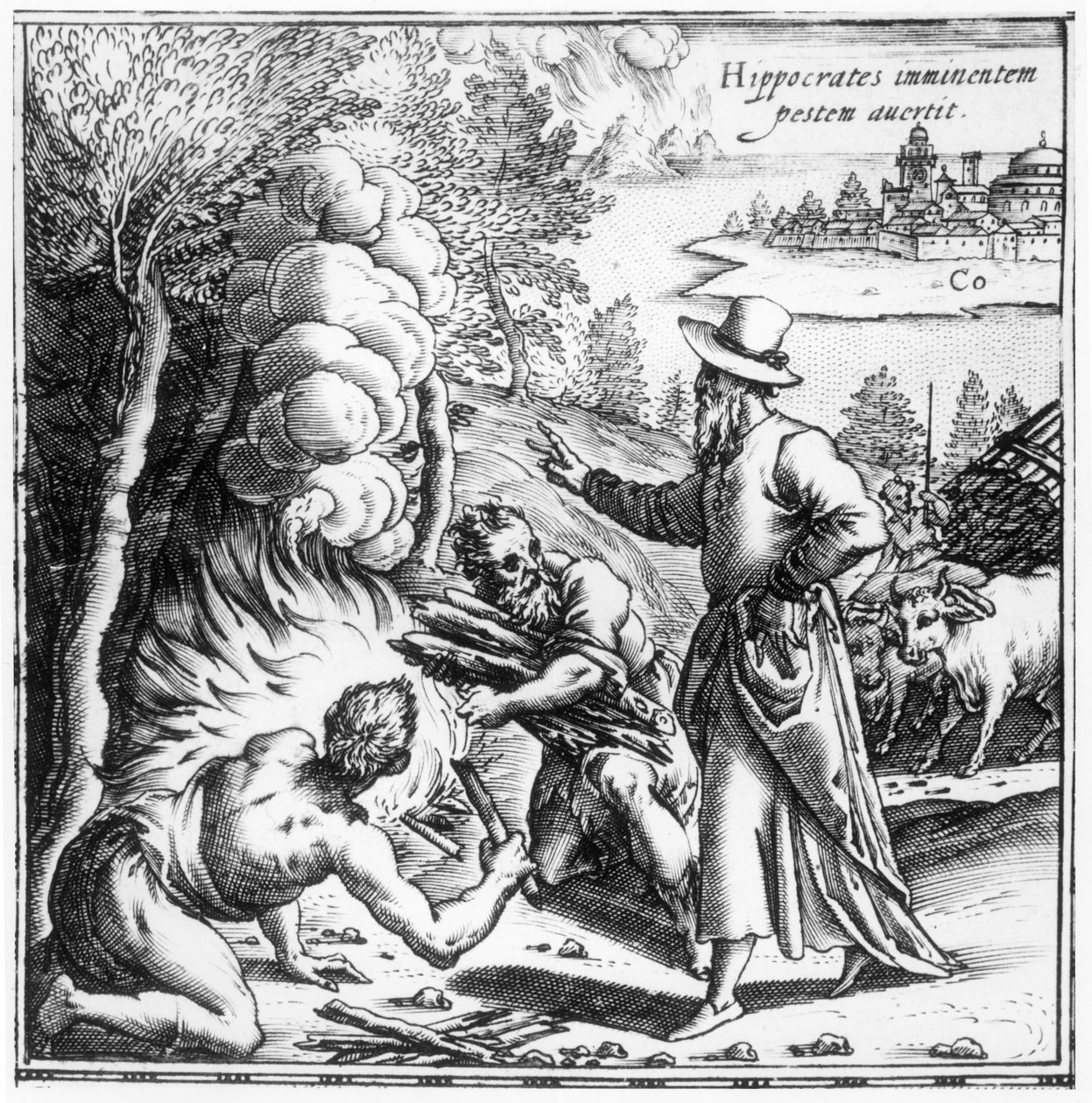 Hipócrates (c.460-c.377 a.C.) explicando la importancia del contagio en la epidemia de peste, portada de Hippocratis Opera Quae Extant, publicado en Venecia, 1588 de Italian School