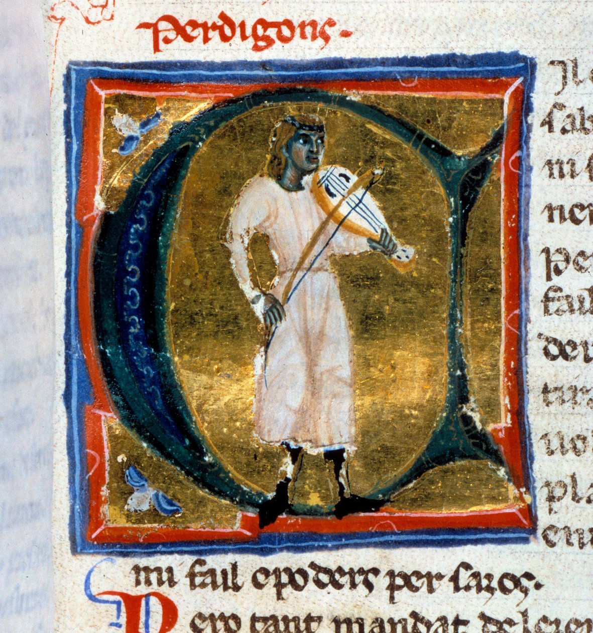 Letra historiada (letra A). El trovador Perdigon tocando el viejo. Miniatura tomada del manuscrito “Chansonnier provenzal” (Folio 36), escrito por Perdigon y copiado por el Atelier de Venecia-Padua de Italian School