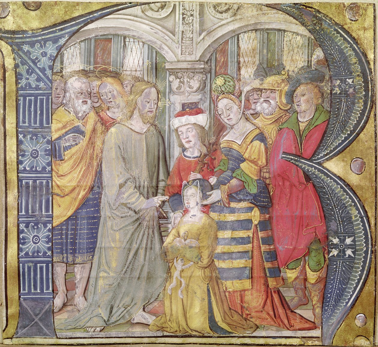 Inicial historiada B que representa a Cristo sanando a una mujer poseída de Italian School