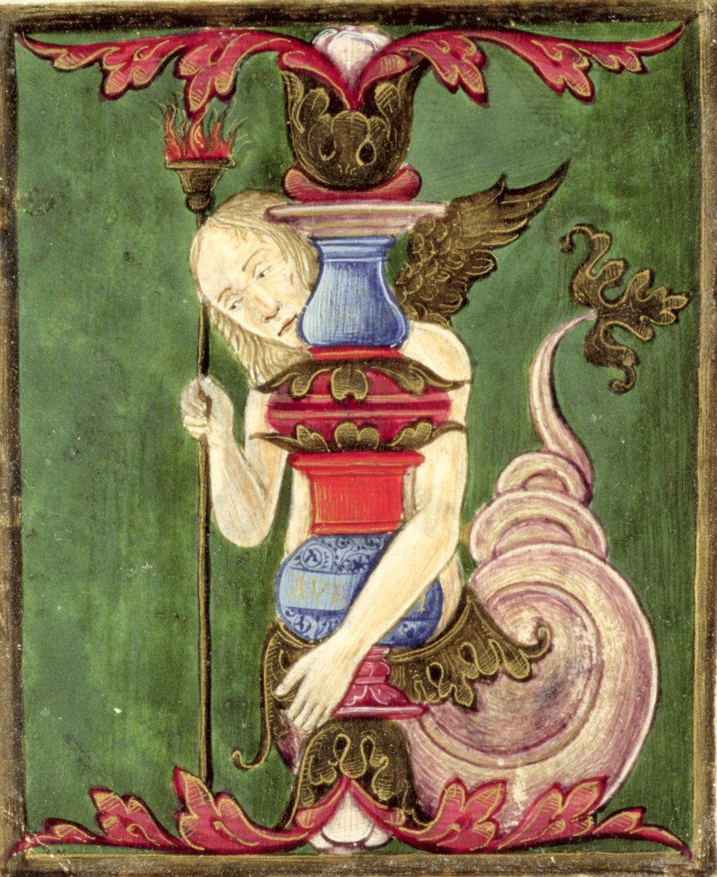 Inicial historiada "I" que representa una sirena alada (vitela) de Italian School