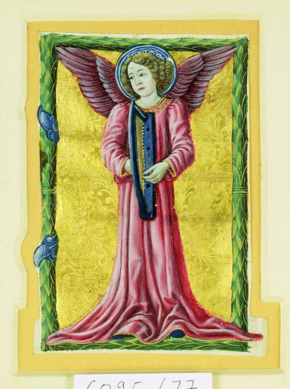 Inicial historiada "I" que representa un ángel músico tocando un arpa (vitela) de Italian School