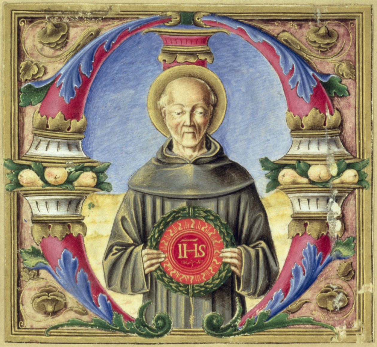 Inicial historiada "M" que representa a San Bernardino de Siena (vitela) de Italian School