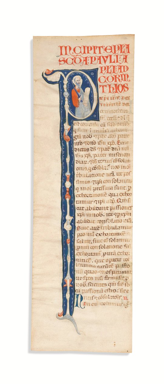 Inicial historiada "P" con San Pablo, recortada de una Biblia Atlántica iluminada, Bolonia, c.1270 (tinta sobre vitela) de Italian School