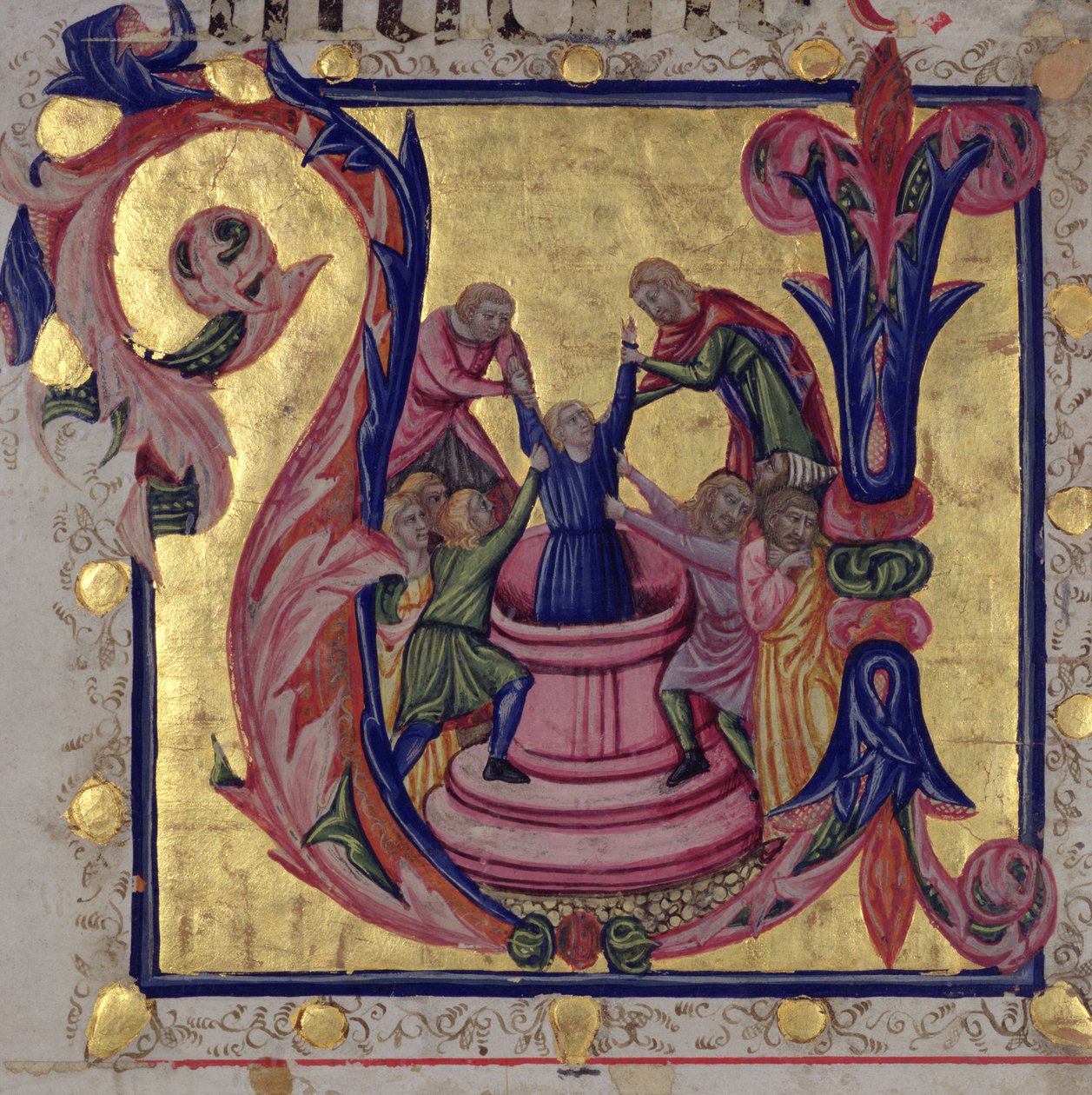Inicial historiada "U" que representa a José sacado del pozo por sus hermanos, Escuela Toscana (vitela) de Italian School