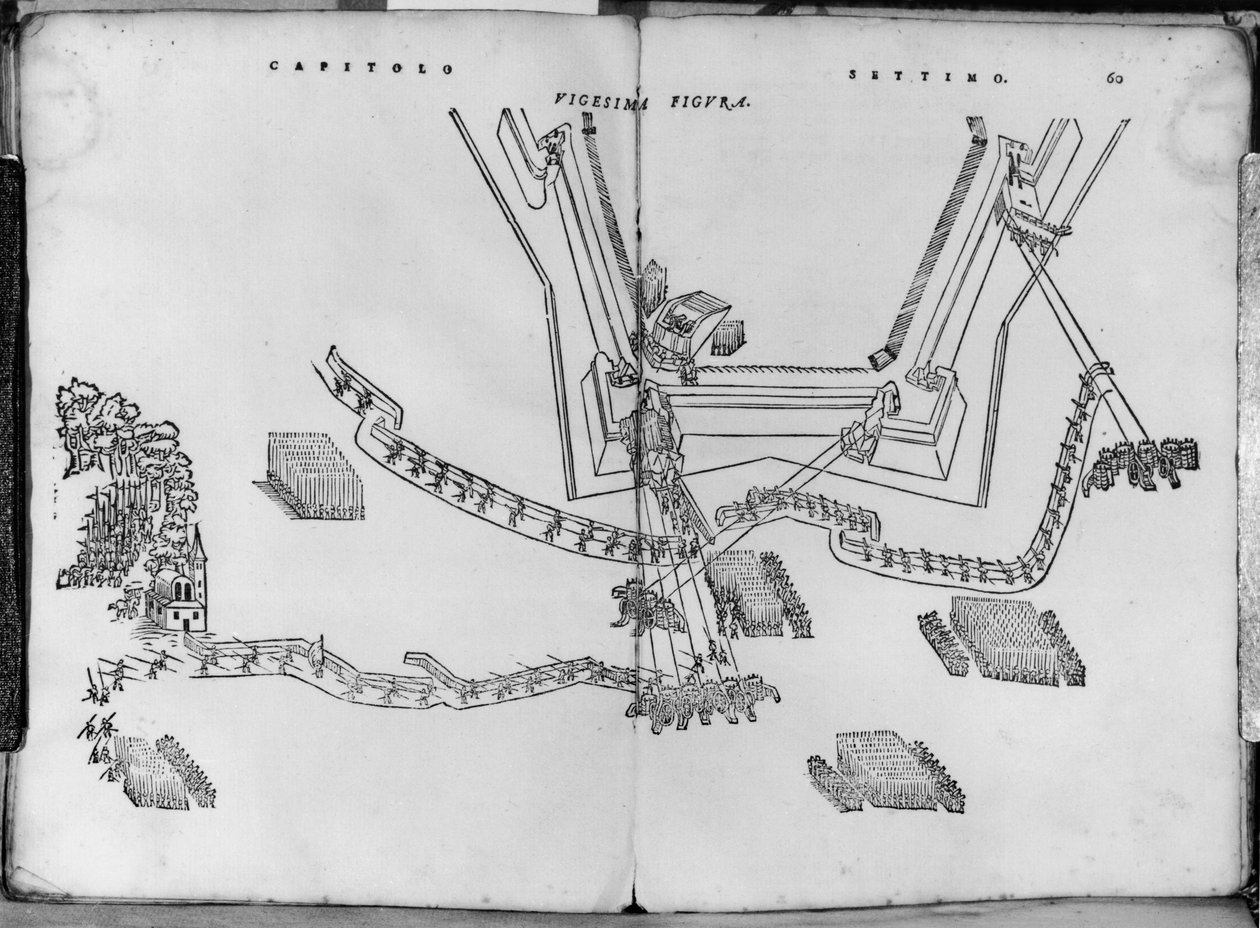 Cómo ajustar los postes de disparo y cómo elegir el ángulo de las paredes, ilustración de Opera nuova di fortificare por Girolamo Cataneo Novarese (fl. c.1540-84) Brescia, 1564 de Italian School