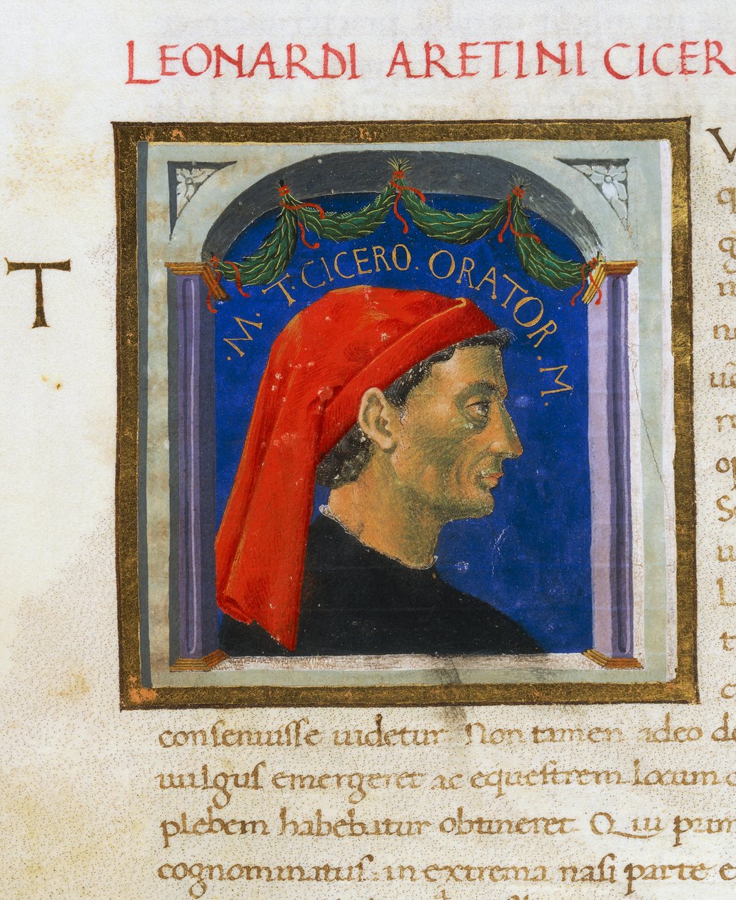 Página iluminada con el perfil de Cicerón, Volumen I, izquierda 1, f 303 r, Vitae virorum illustrium, de Plutarco (ca 46-127), manuscrito, Italia de Italian School
