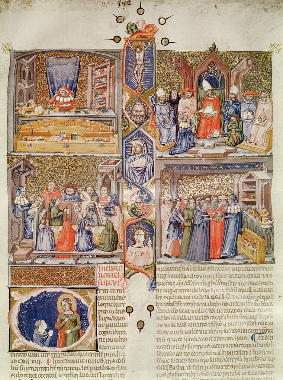 Iluminación dividida en cuatro escenas: Un jurista en su mesa; Un papa recibiendo un libro; Una lección en una facultad de derecho; Una librería, con una capital historiada con Santa Catalina y un Or de Italian School