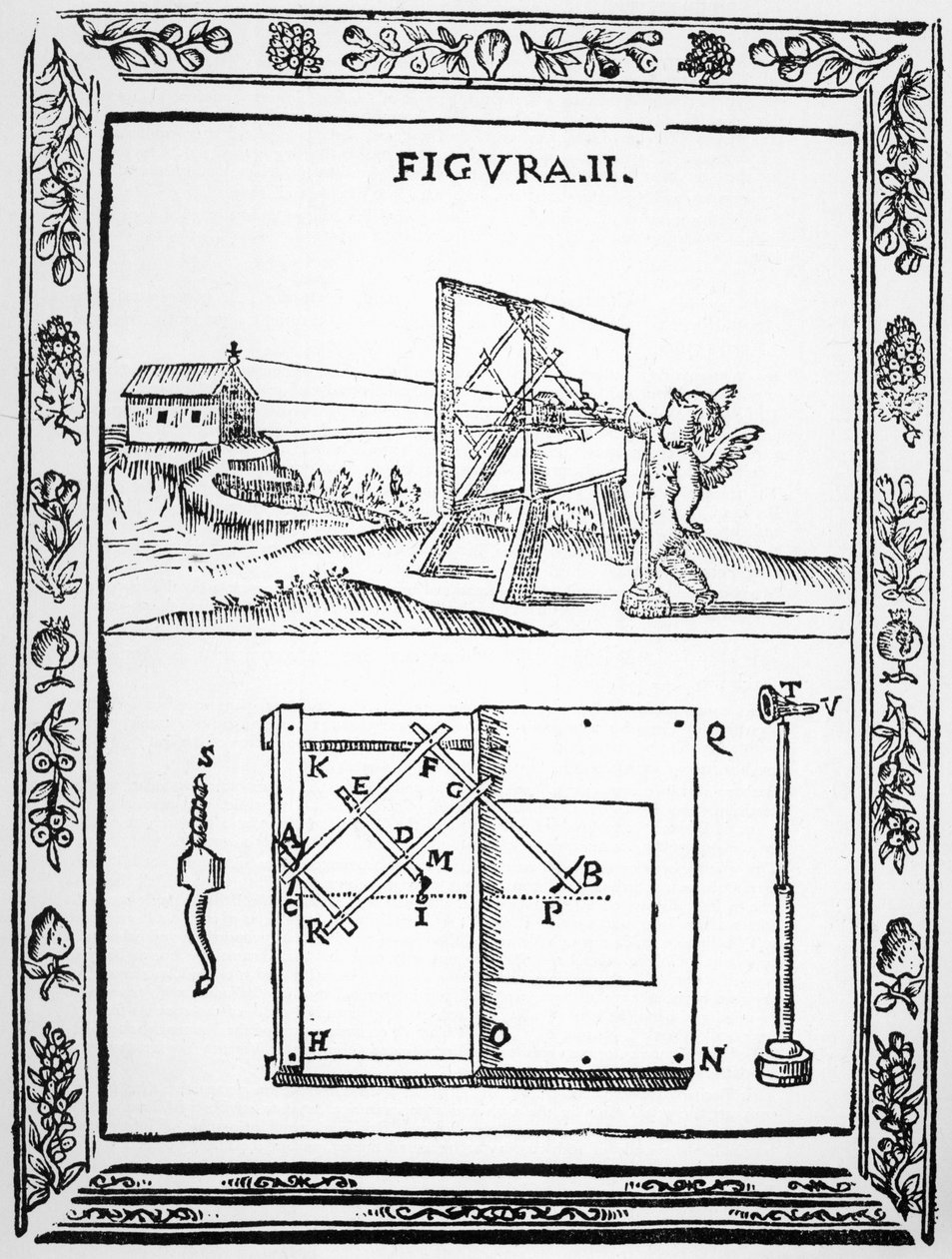 Ilustración de la idea de Giulio Troili de usar un pantógrafo para dibujar en perspectiva, del original publicado en 1683 de Italian School