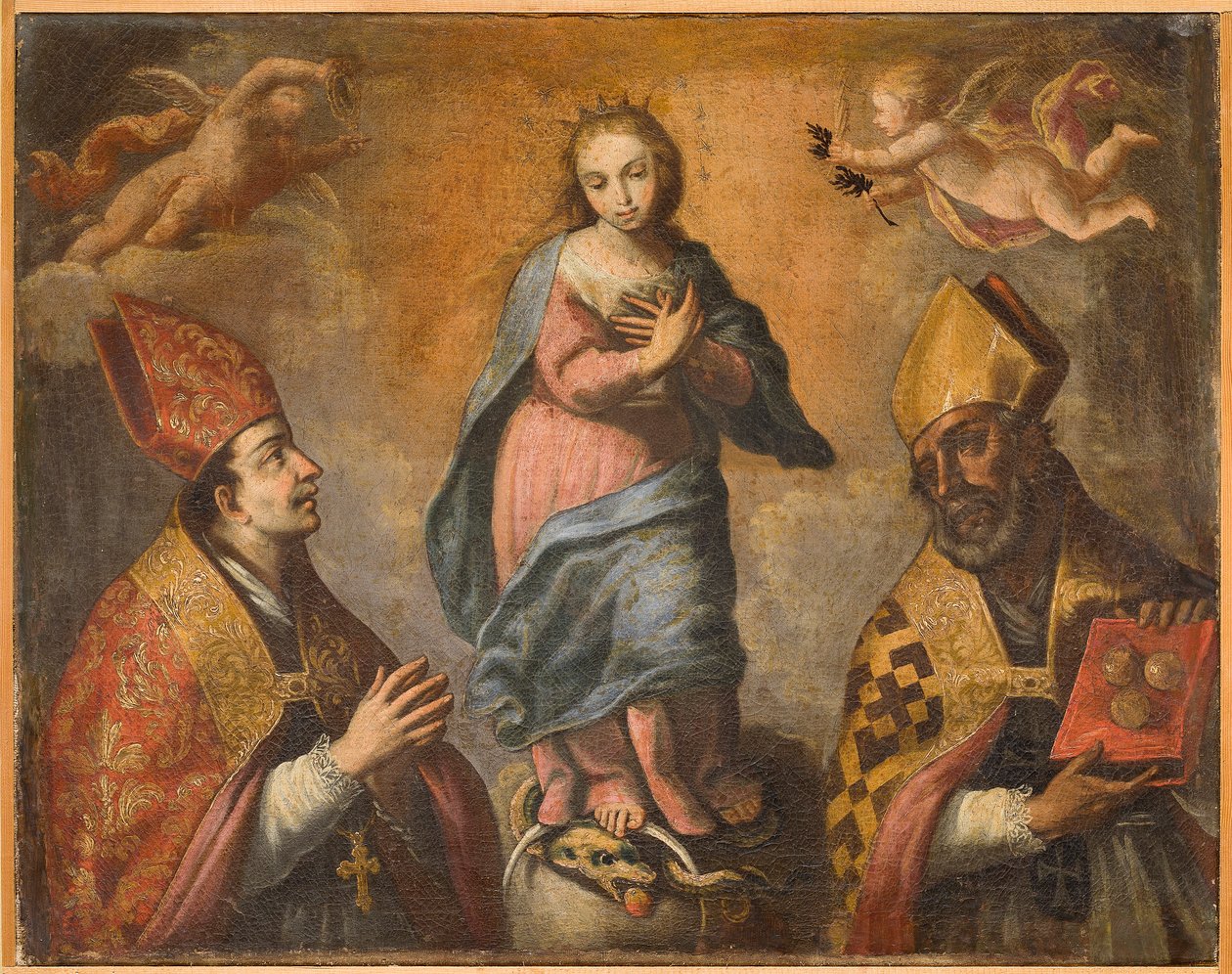Inmaculada entre San Canio (o San Agustín) y San Nicolás, primera mitad del siglo XVIII (óleo sobre lienzo) de Italian School