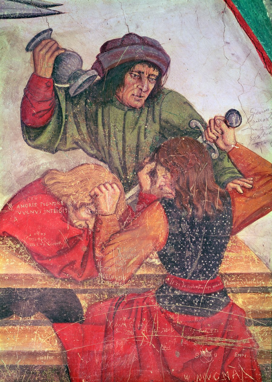 Interior de una posada, detalle de bebedores peleando (fresco) de Italian School