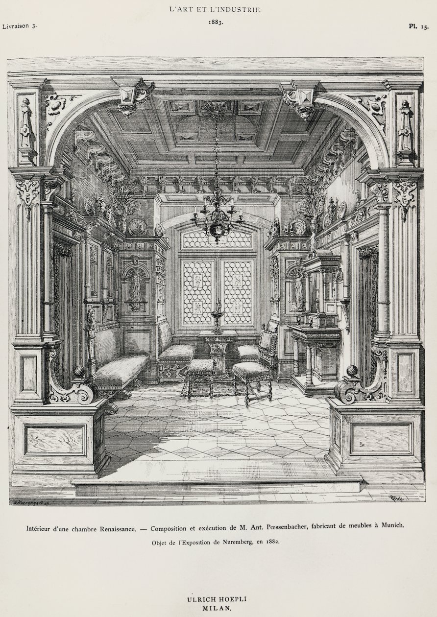 Interior de dormitorio de estilo neorrenacentista por Possenbacher, Mónaco, ilustración de L