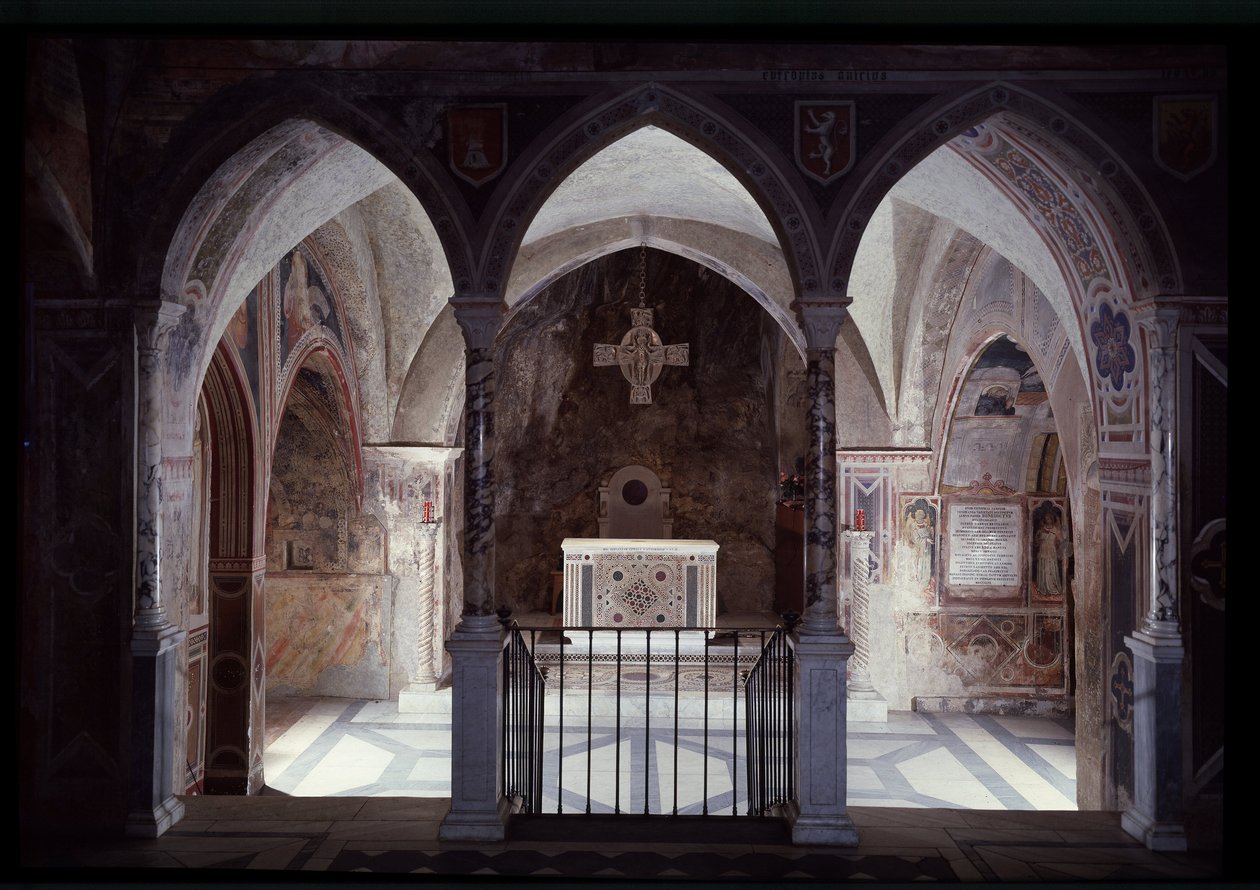 Vista interior del presbiterio y altar, cueva de San Benito (sacro speco) Subiaco de Italian School