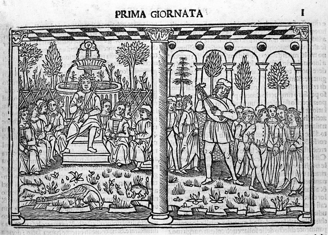 Introducción: representación del autor del Decamerón rodeado de diez jóvenes. Ilustración del primer día del Decamerón (1349-1351) de Giovanni Boccaccio. Grabado en 