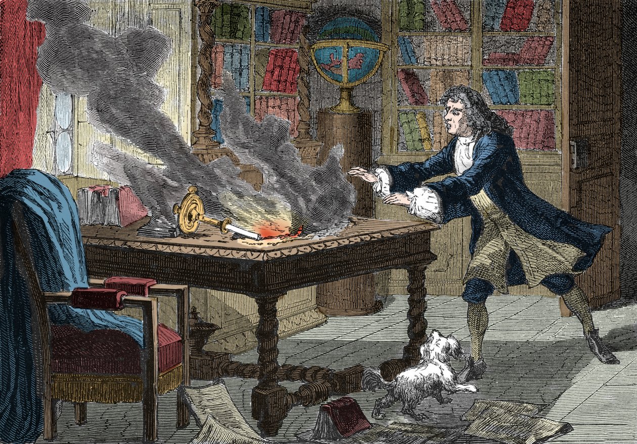 El perro de Isaac Newton derribando una vela y prendiendo fuego a sus papeles de Italian School