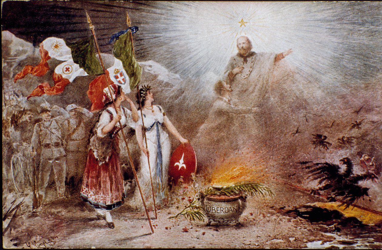 Unificación italiana: postal de propaganda con la gloria de Giuseppe Garibaldi representado como un santo en presencia de Guglielmo Oberdan, nacionalista e irredentista, los Alpinos y el águila austriaca. Colección privada de Italian School