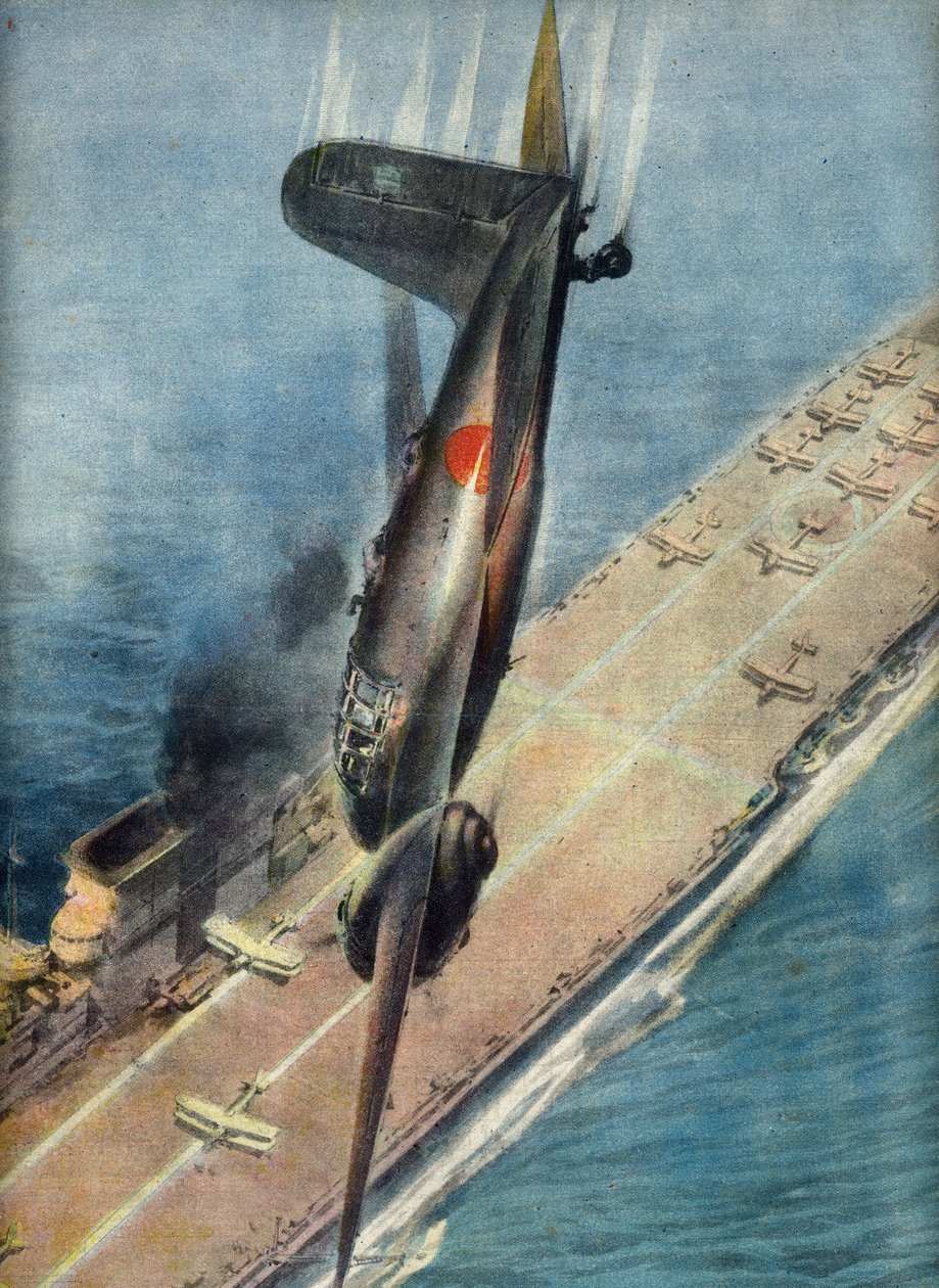 Aviador kamikaze Abe atacando un portaaviones británico, ilustración de 