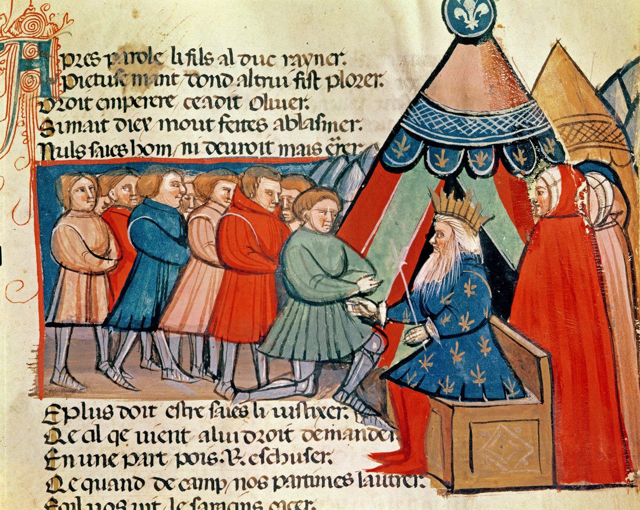 Caballeros jurando lealtad a Carlomagno (742-814) de un códice veneciano de Italian School