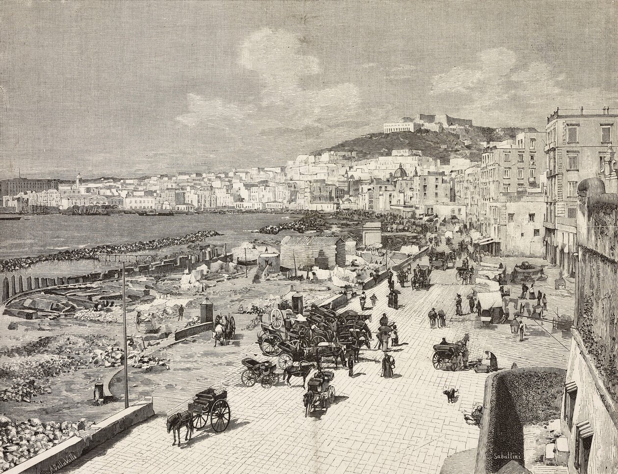 La Marinella, Nápoles, Italia, grabado por Sabattini de un dibujo de A Della Valle, de L