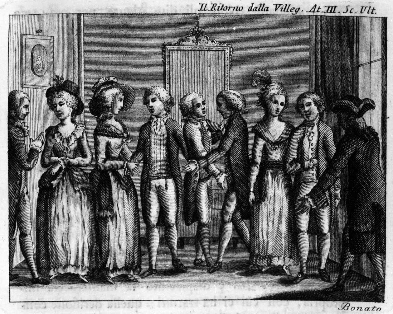 Última escena del Acto III de la pieza cómica “Ritorno della villeggiatura” (1761) de Carlo Goldoni (1707-1793). Grabado del siglo XVIII. de Italian School