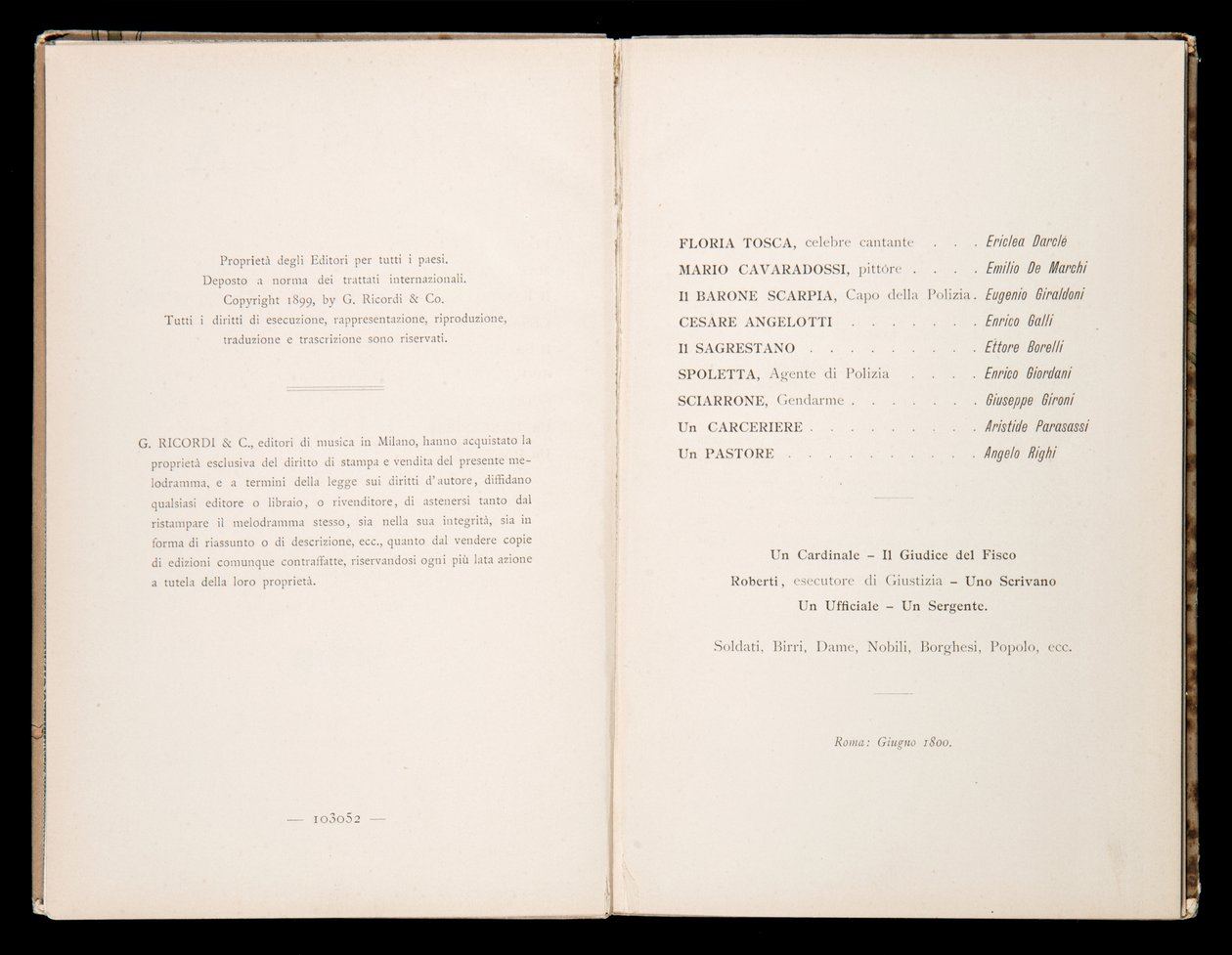 Libreto de Tosca de Giacomo Puccini, Edición Ricordi, Italia de Italian School