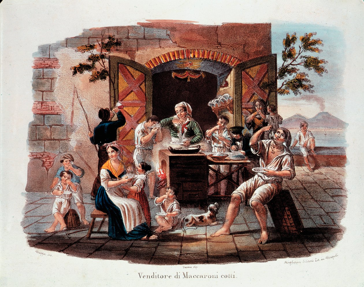 Pequeño oficio napolitano: un vendedor de macarrones cocidos. A lo lejos el Vesubio en la bahía de Nápoles. Litografía del siglo XIX. Museo Nazionale delle Paste Alimentari, Fondazione Agnesi, Roma de Italian School
