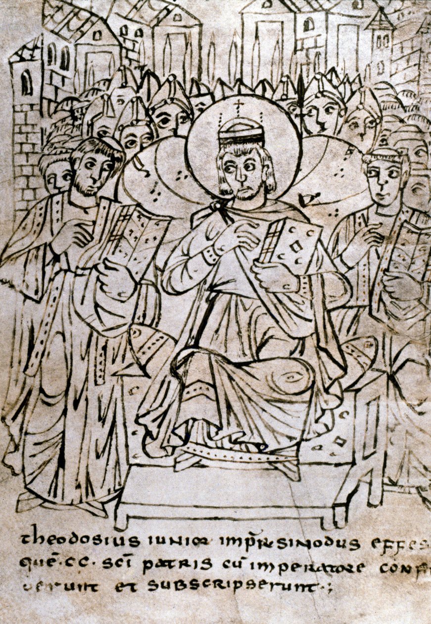 Arte lombardo: Emperador Teodosio II (401-450), nieto de Teodosio I, en el Concilio de Éfeso el 22/06/431, condenando el nestorianismo. Dibujo con pluma sobre pergamino de Italian School