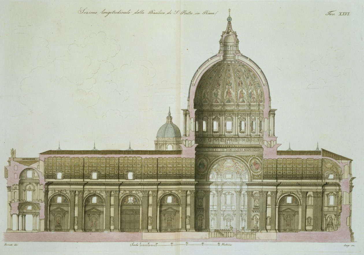 Sección transversal longitudinal de San Pedro en Roma, lámina 26 de la Parte III de La Historia de las Naciones, grabado por G. Lago de Italian School