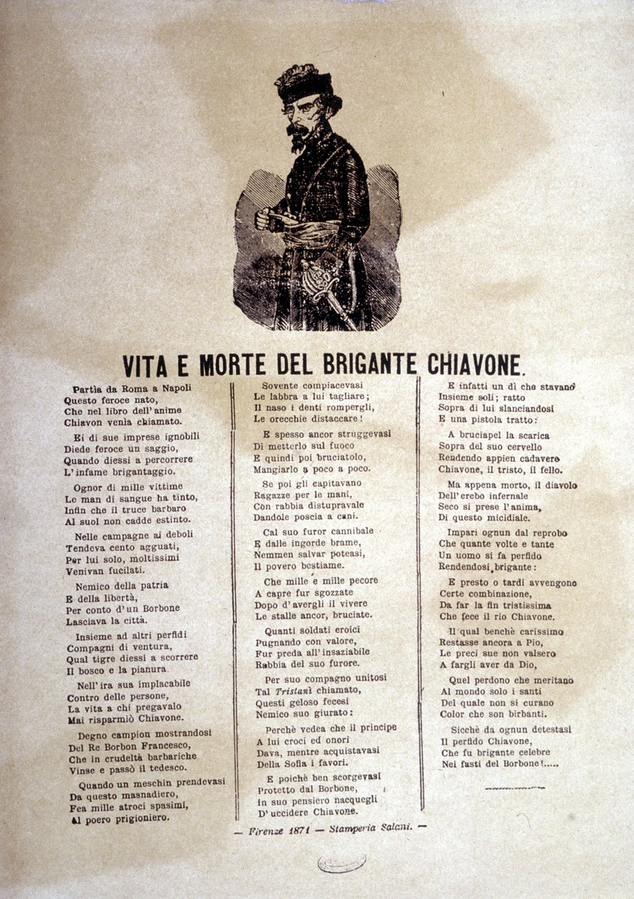 Letras de una canción popular sobre los ladrones de Chiavone de Italian School