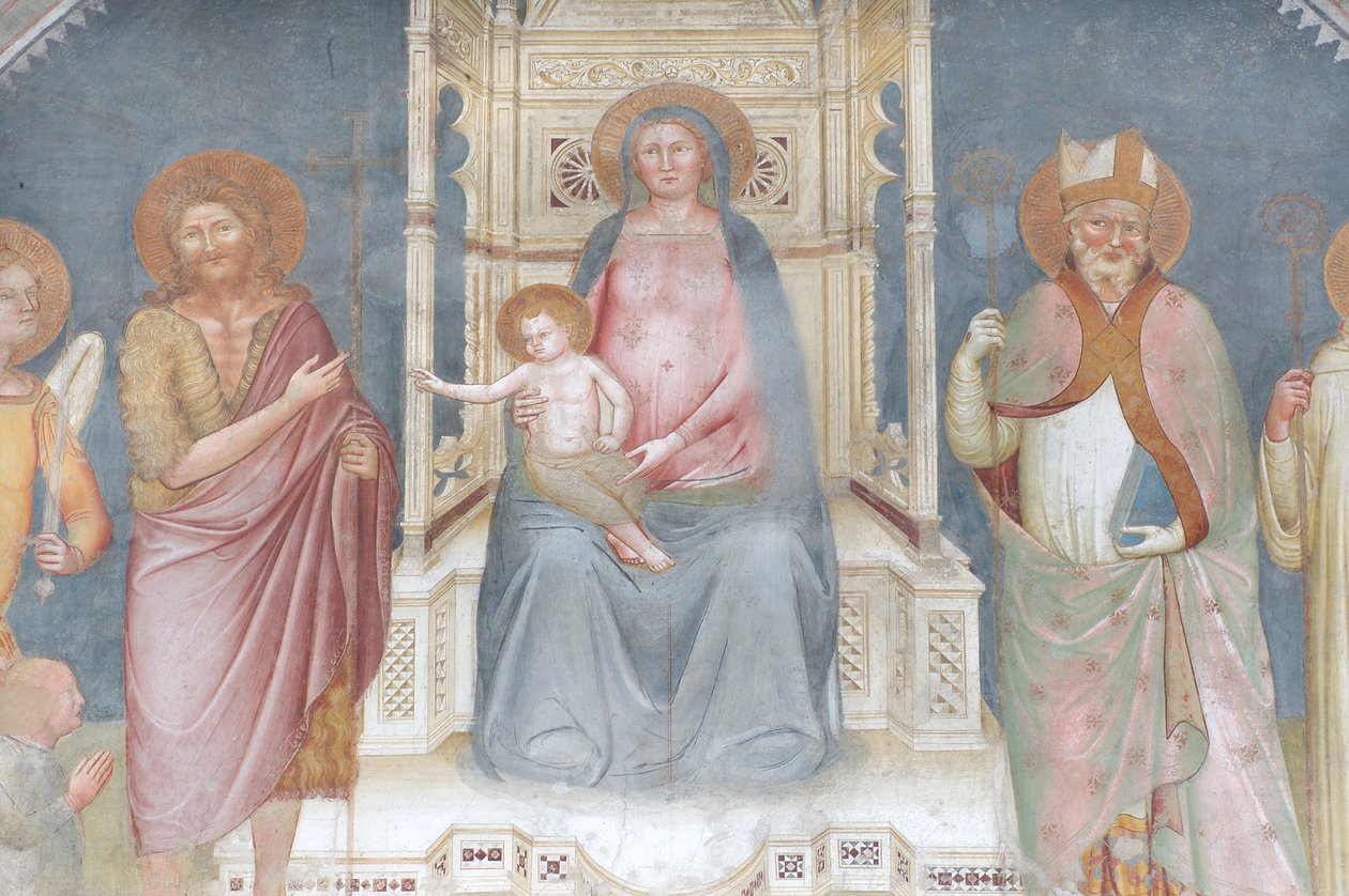 Madonna y Niño, Ángel Gabriel, San Juan Bautista, San Ambrosio, San Bernardo de Italian School
