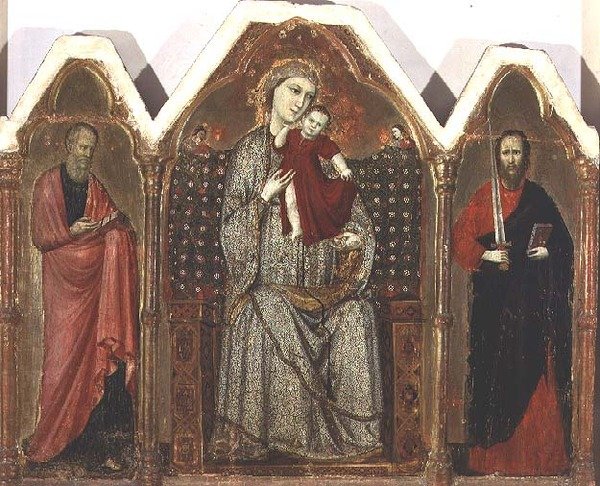 Madonna y el Niño entronizados, con San Juan Evangelista y San Pablo, Escuela de Rimini (panel de tríptico) de Italian School