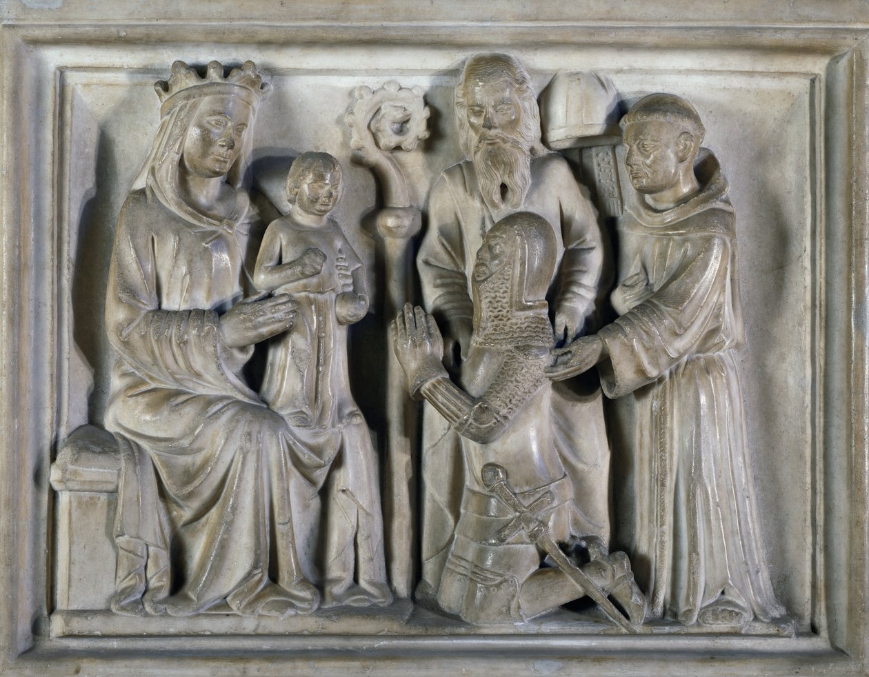 Madonna y el Niño, con un guerrero y santos, relieve creado por Los Maestros de Campione de Italian School