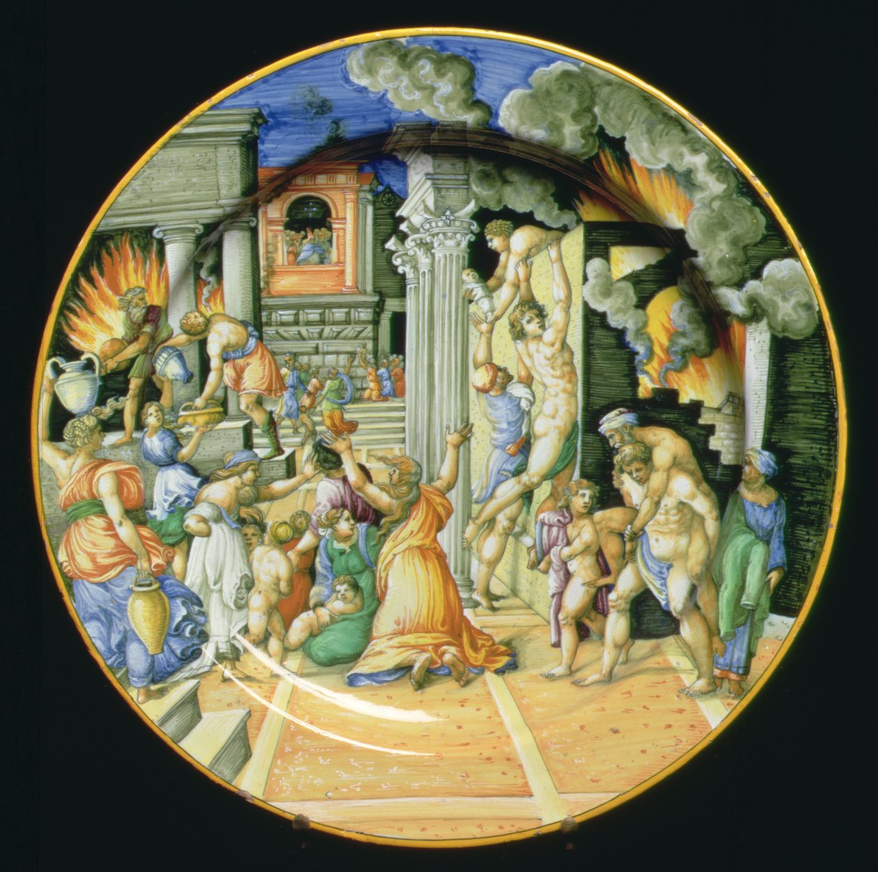 Placa de mayólica que representa el incendio de Troya con Eneas cargando a su padre Anquises a la espalda y su hijo Ascanio a su lado, italiana. de Italian School