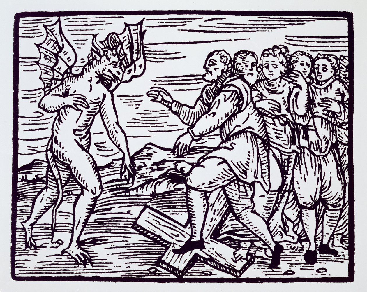 Brujo masculino renunciando a Cristo, copia de una ilustración del Compendium Maleficarum por Fr M Guaccius, Milán 1608, usada en Historia de la Magia, publicada a finales del siglo XIX de Italian School