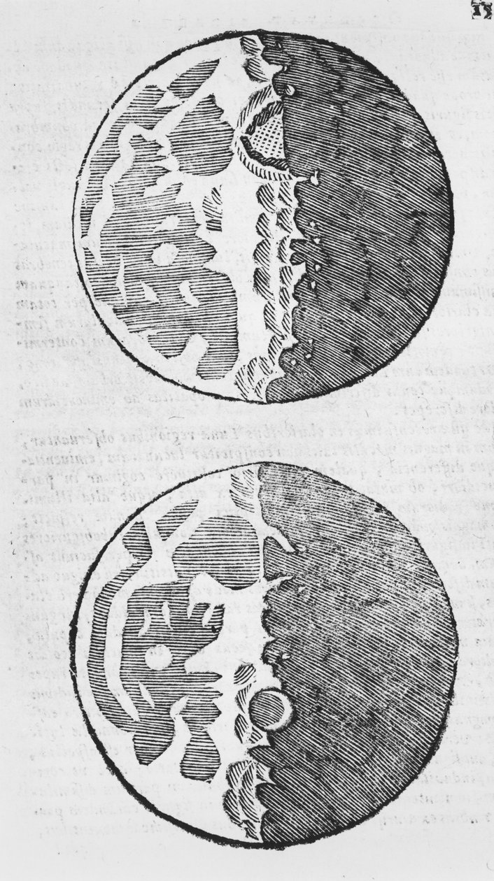 Mapas de la luna, ilustración de Sidereus Nuncius de Galileo Galilei, 1610 de Italian School